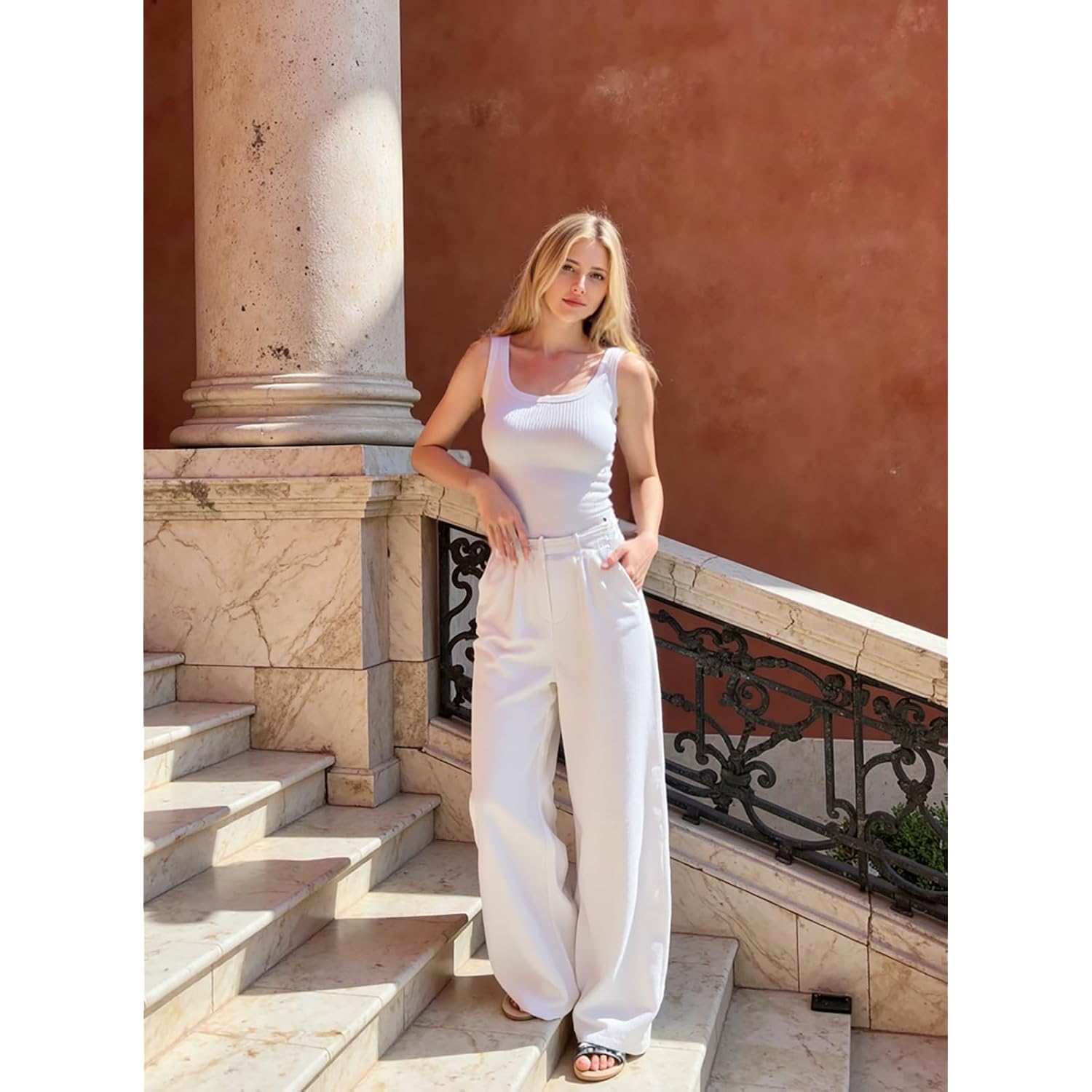 Women's Square Neck Ribbed Tank Top White