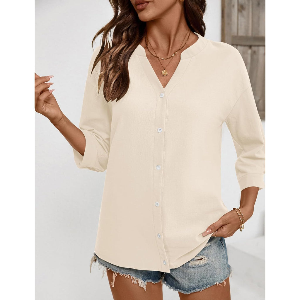 Women's Cotton Linen Button-Up Tunic Top Apricot