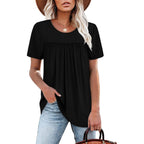WIHOLL Womens Tops Short Sleeve T Shirts Pleated Dressy Casual Round Neck Summer Clothes Outfits Blouses Loose Fit