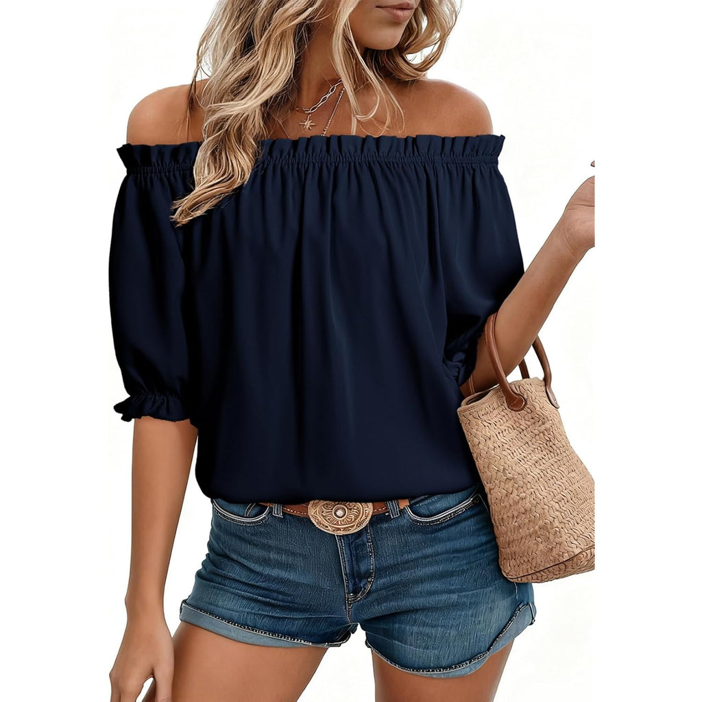 Women's Off-Shoulder Puff Sleeve Tunic Top Navy Blue