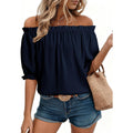 Women's Off-Shoulder Puff Sleeve Tunic Top Navy Blue