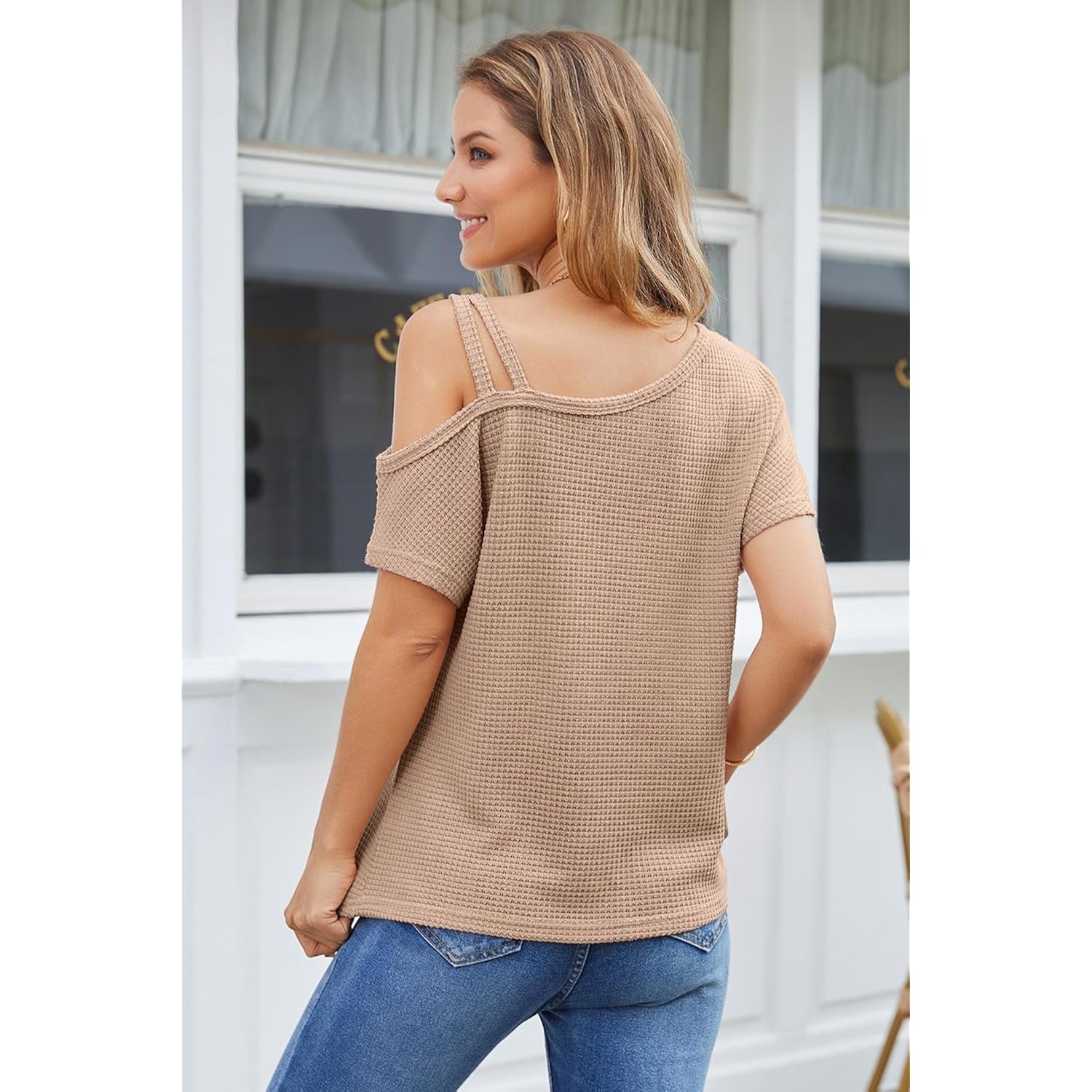 Dokotoo Womens Summer Tops Off One Shoulder Waffle Knit Short Sleeve T-Shirts Casual Lightweight Solid Color Blouses