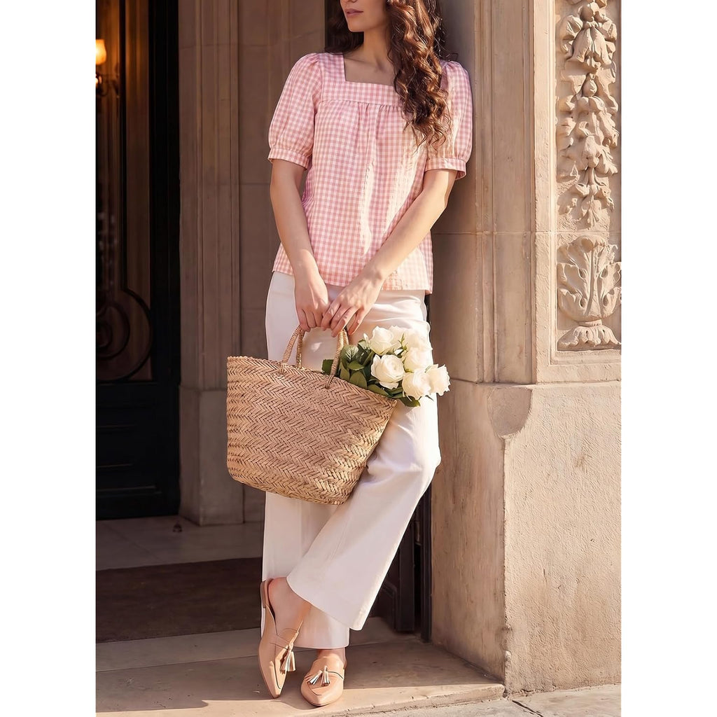 Women's Square Neck Gingham Tunic Top Pink