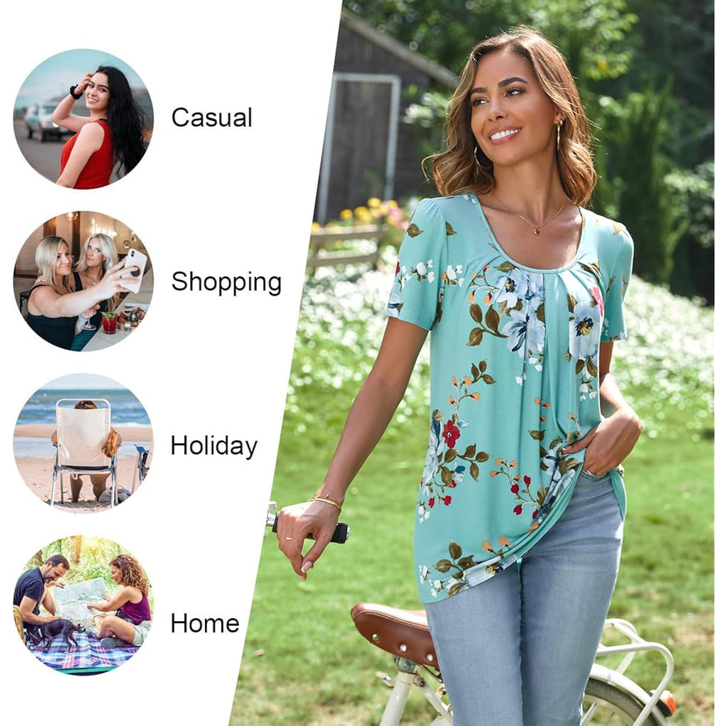 Women's Pleated Casual Tunic Top White Floret