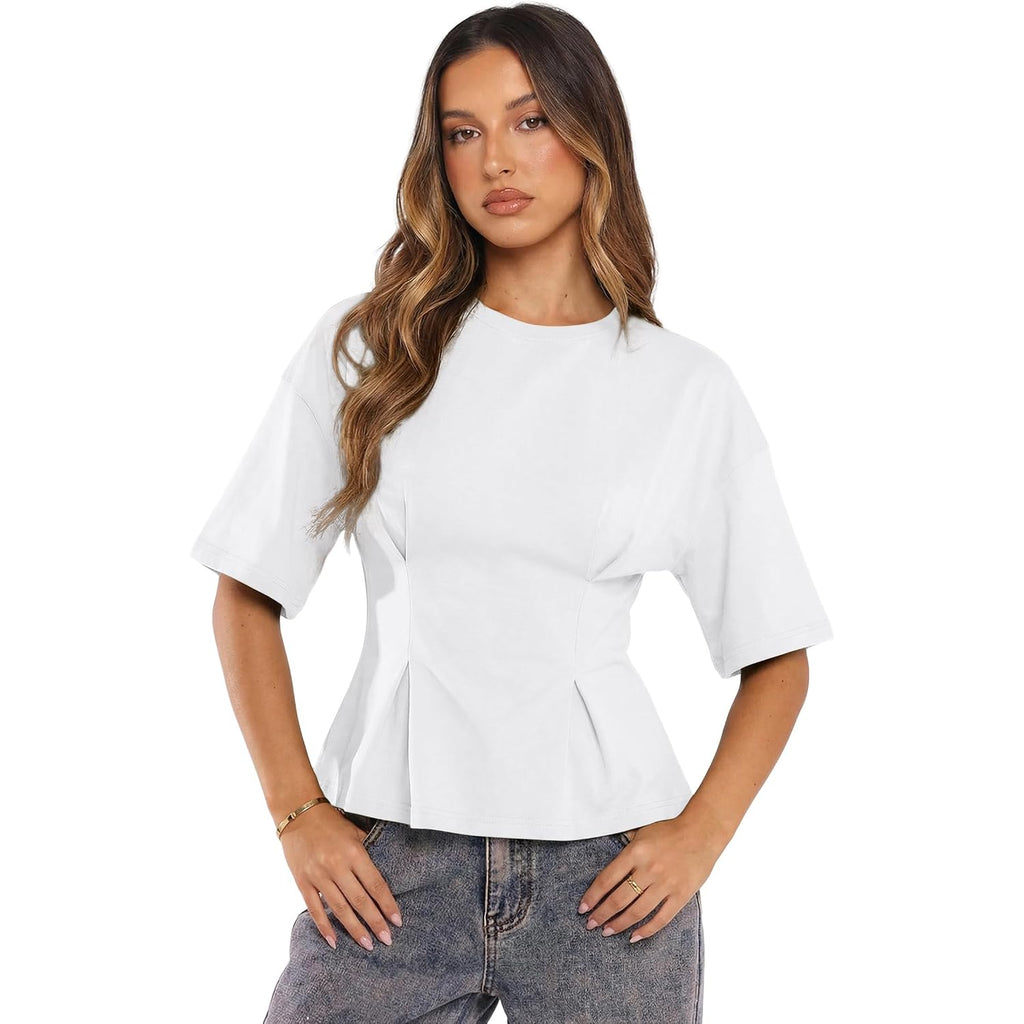 Dokotoo Womens Peplum Tops Summer Babydoll Short Sleeve T Shirts Casual Dressy Going Out Fashion Trendy Y2K Clothes