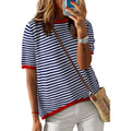 Dokotoo Womens Tops 2026 Casual Summer Crewneck Short Sleeve Striped Color Block Knit High Low Trendy Pullover Sweaters