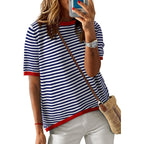 Dokotoo Womens Tops 2026 Casual Summer Crewneck Short Sleeve Striped Color Block Knit High Low Trendy Pullover Sweaters