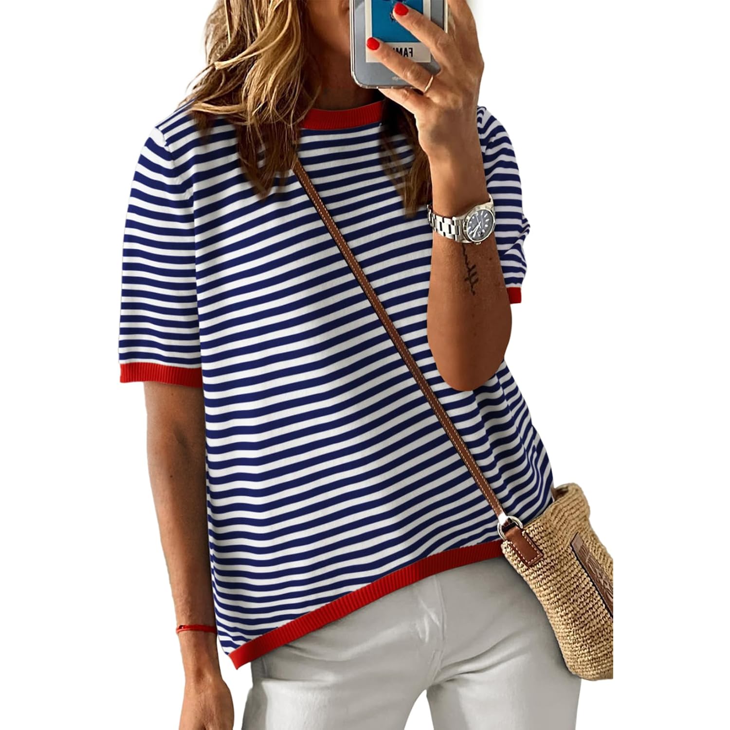 Dokotoo Womens Tops 2026 Casual Summer Crewneck Short Sleeve Striped Color Block Knit High Low Trendy Pullover Sweaters