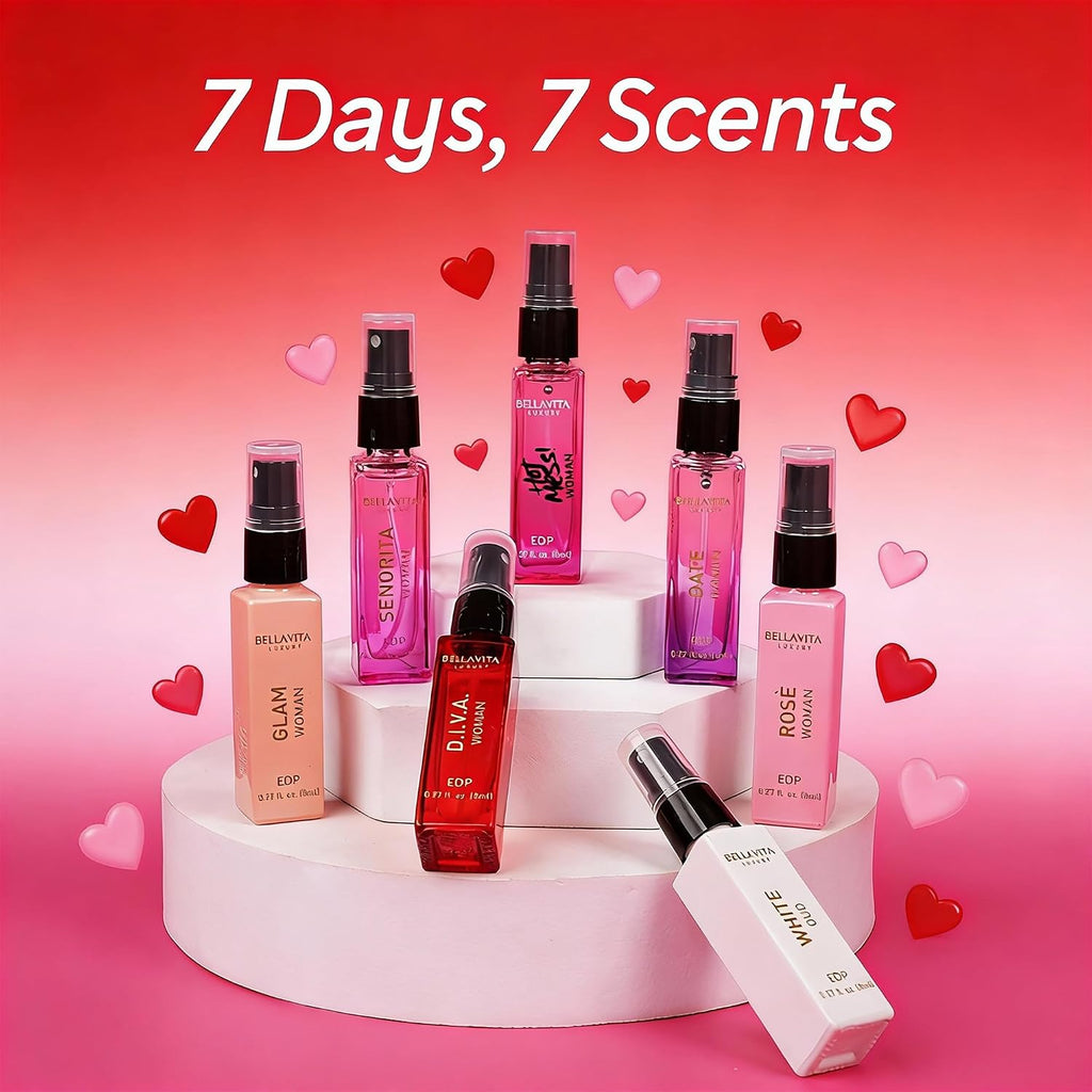 Bellavita Luxury Women's Perfume Discovery Gift Set with Date, Glam, Diva, Rose, Hot Mess, White Oud, and Senorita | 7 X 8ml | Floral, Fresh, Fruity Scent Profile | Mother's Day Present