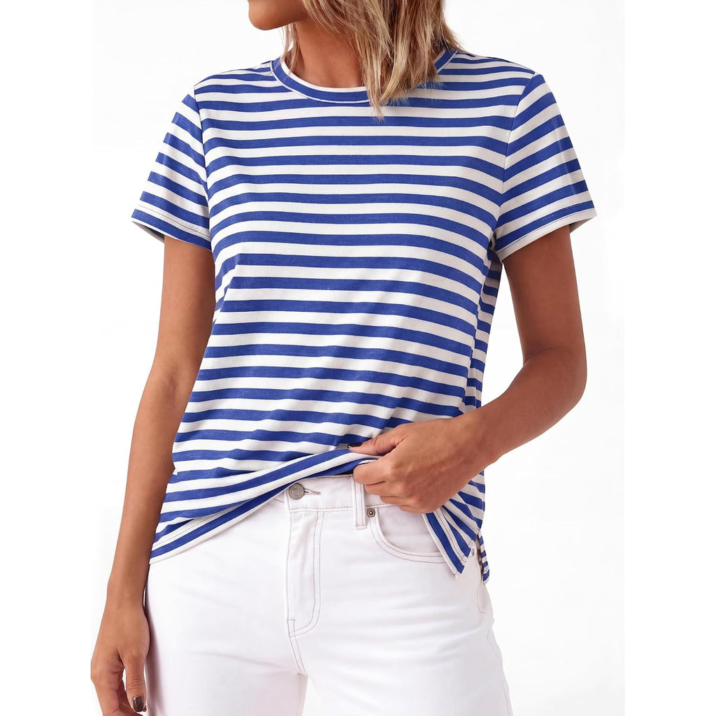BTFBM Tops for Women Trendy Summer 2026 Crew Neck Short Sleeve T Shirts Striped Casual Vacation Blouse Basic Tee