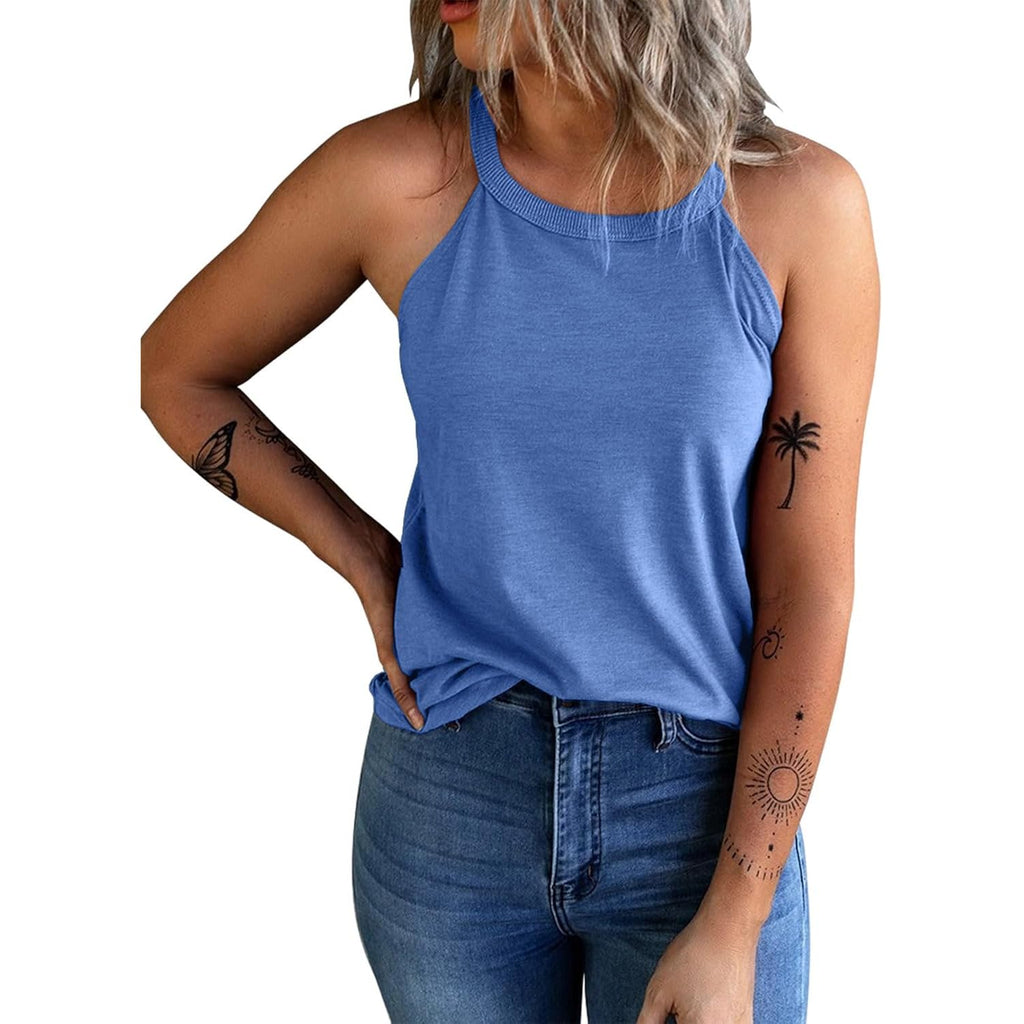 KINLONSAIR Women's Summer Sleeveless Halter Tee Shirts Crew Neck Workout Tank Tops Casual Plain Cami Shirts