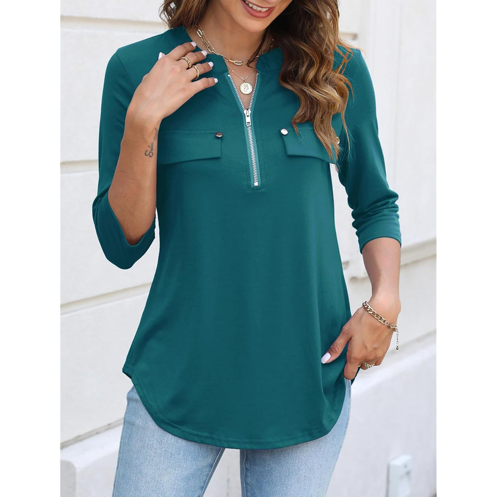 Women's Zipper Front V-Neck Tunic Top Green