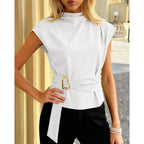 Women's Mock Neck Buckle Tunic Top White