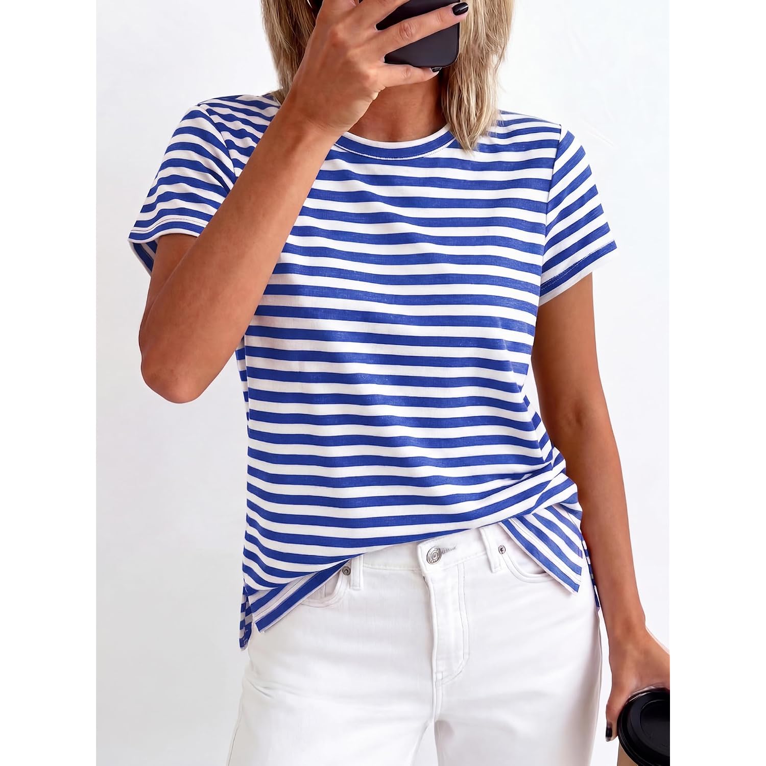 BTFBM Tops for Women Trendy Summer 2026 Crew Neck Short Sleeve T Shirts Striped Casual Vacation Blouse Basic Tee
