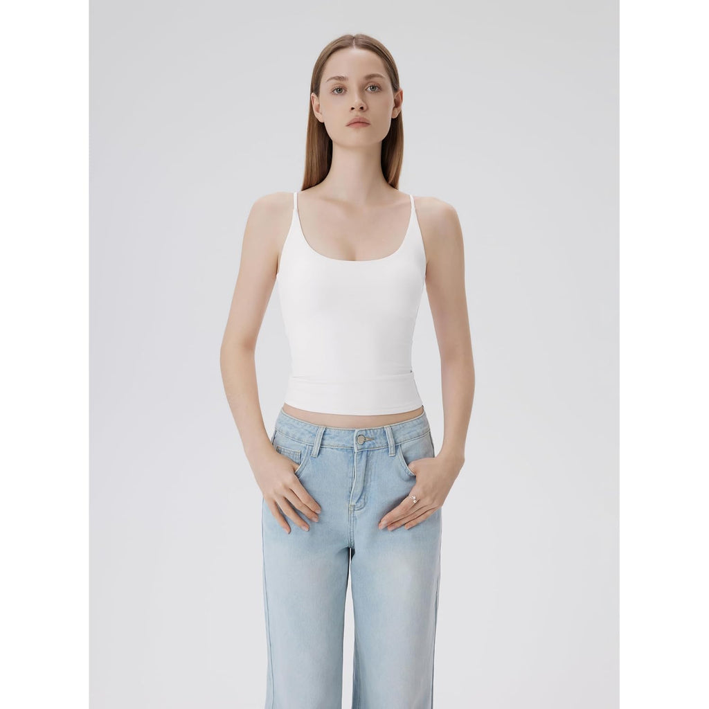 SUUKSESS Women Padded Scoop Neck Tank Tops Double Line Going Out Basic Camisole Top