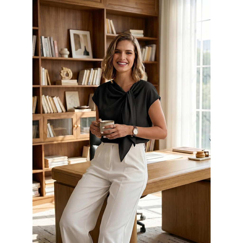 Dokotoo Women's Business Casual Short Sleeve Chiffon Slit Shirts 2026 Summer Elegant Knot Neckline Tops