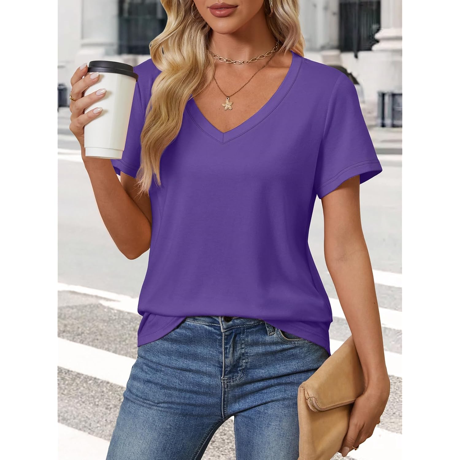 ATHMILE Womens V Neck Short Sleeve Summer T Shirts Curved Hem Plain Top Beach