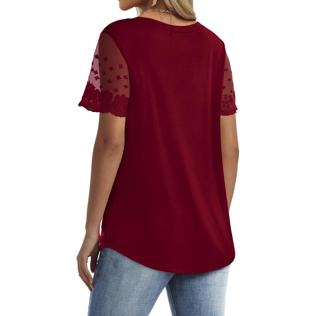 OFEEFAN Casual V Neck T Shirts for Women Lace Short Sleeve Curved Hem Tops Loose Fit