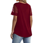OFEEFAN Casual V Neck T Shirts for Women Lace Short Sleeve Curved Hem Tops Loose Fit