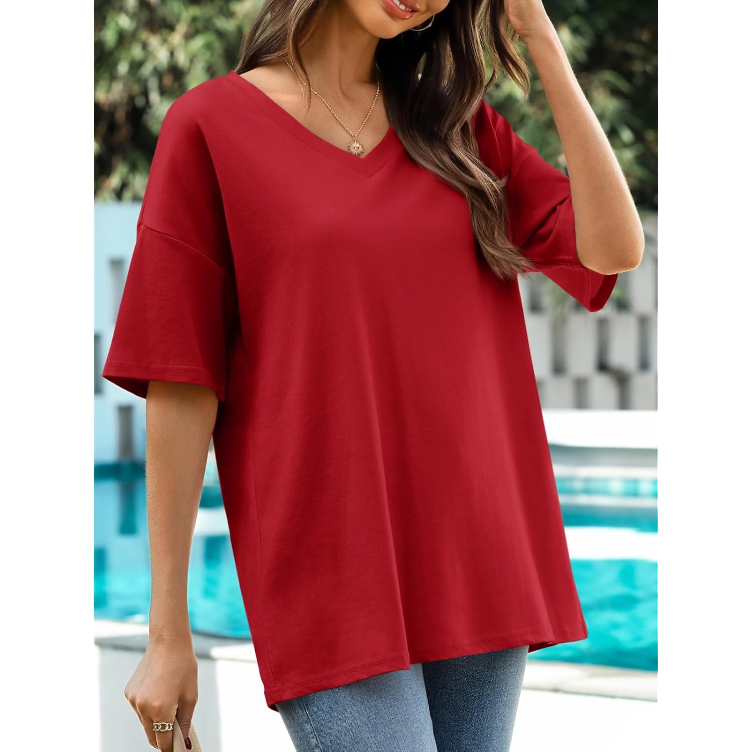 Women's Oversized V-Neck Tunic Top Red