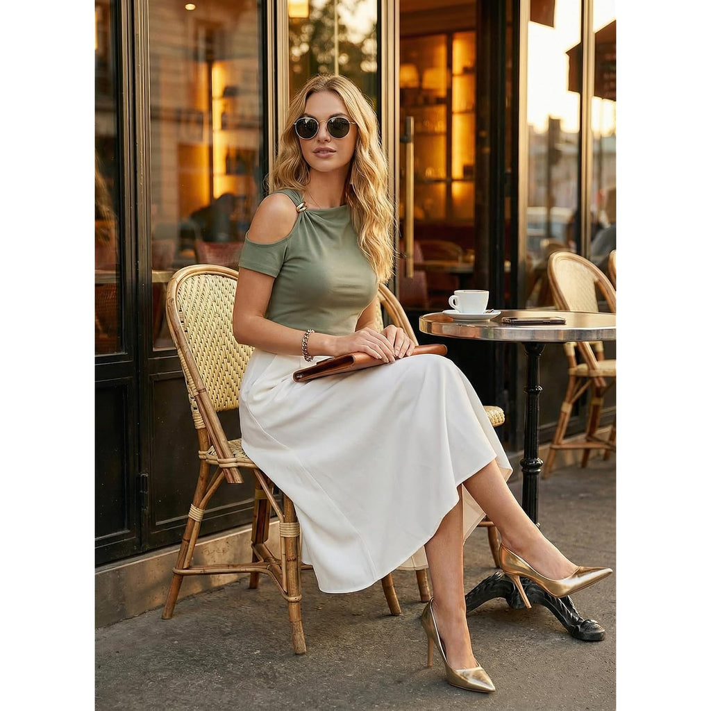 Dokotoo Womens Summer Tops Short Sleeve Cold Shoulder Metal Decorated Fashion T-Shirts Ribbed Knit Slim Fit Tee Blouses