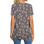 Women's Button-Up Henley Tunic Top Black Gypsophila Floral