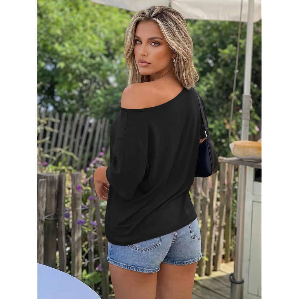 Trendy Queen Womens Off the Shoulder Tops Oversized Summer Spring T-Shirts 2026