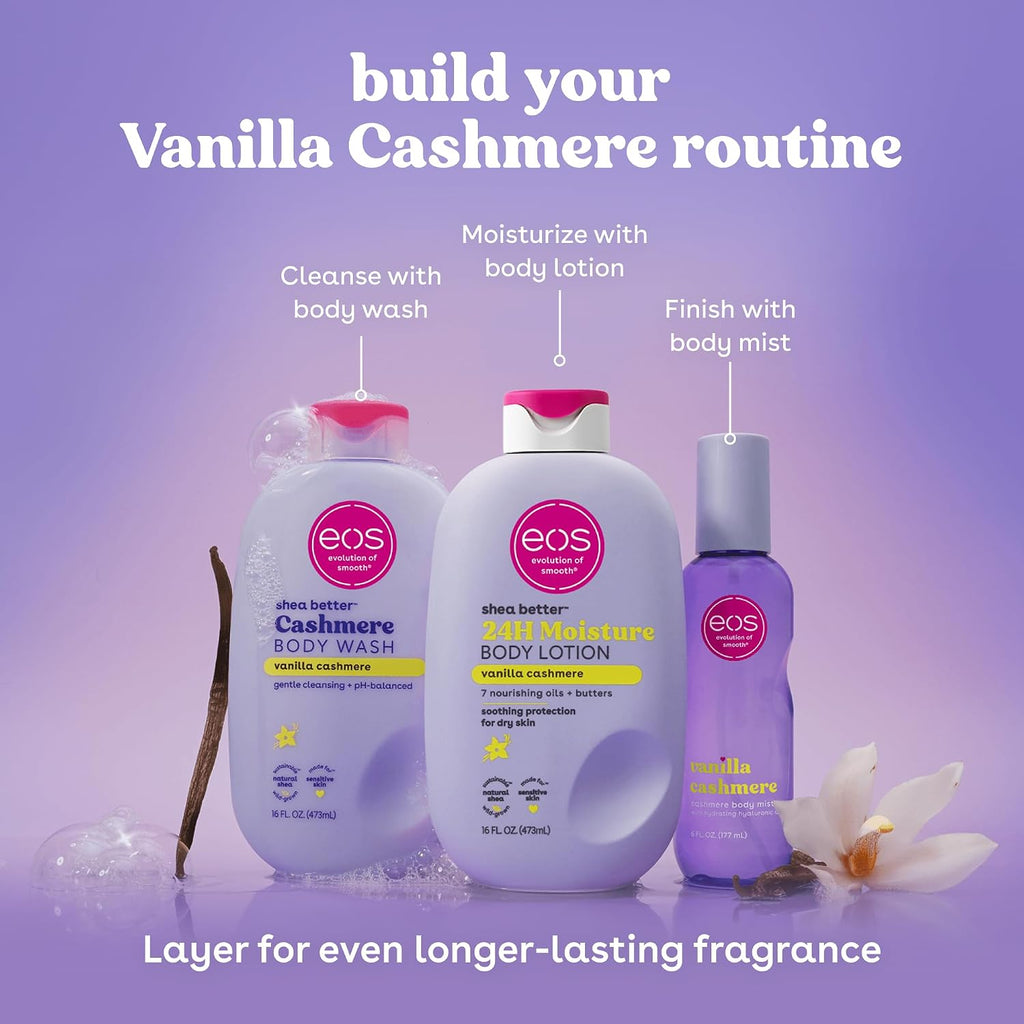 eos Cashmere Body Mist, Vanilla Musk & Cozy Caramel, Hair Mist and Body Spray for Women, Moisturizing Formula with Hyaluronic Acid, Vegan, Cruelty-Free, 6 fl oz