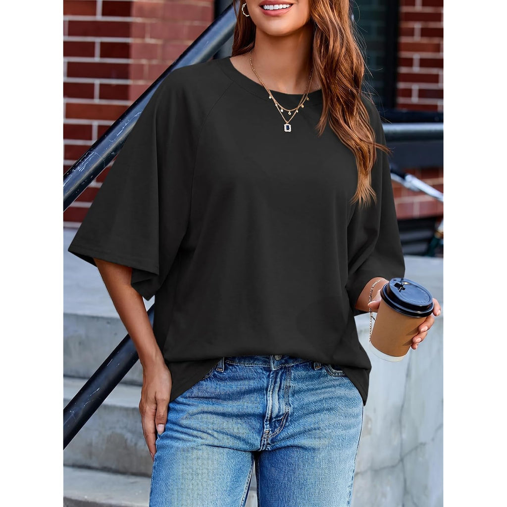 Tankaneo Womens Oversized Half Sleeve T-Shirts Trendy Casual Baggy Loose Fit Tops Summer Crew Neck Tees Shirts