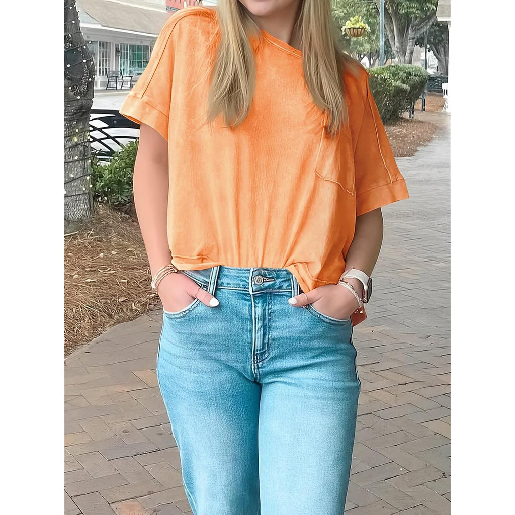 Cicy Bell Womens Summer Cropped T-Shirts Boxy Casual Short Sleeve Crew Neck Tops Acid Wash Cotton Loose Fit Tee Shirts