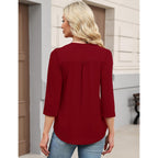 Women's Pleated Henley V-Neck Tunic Top Red