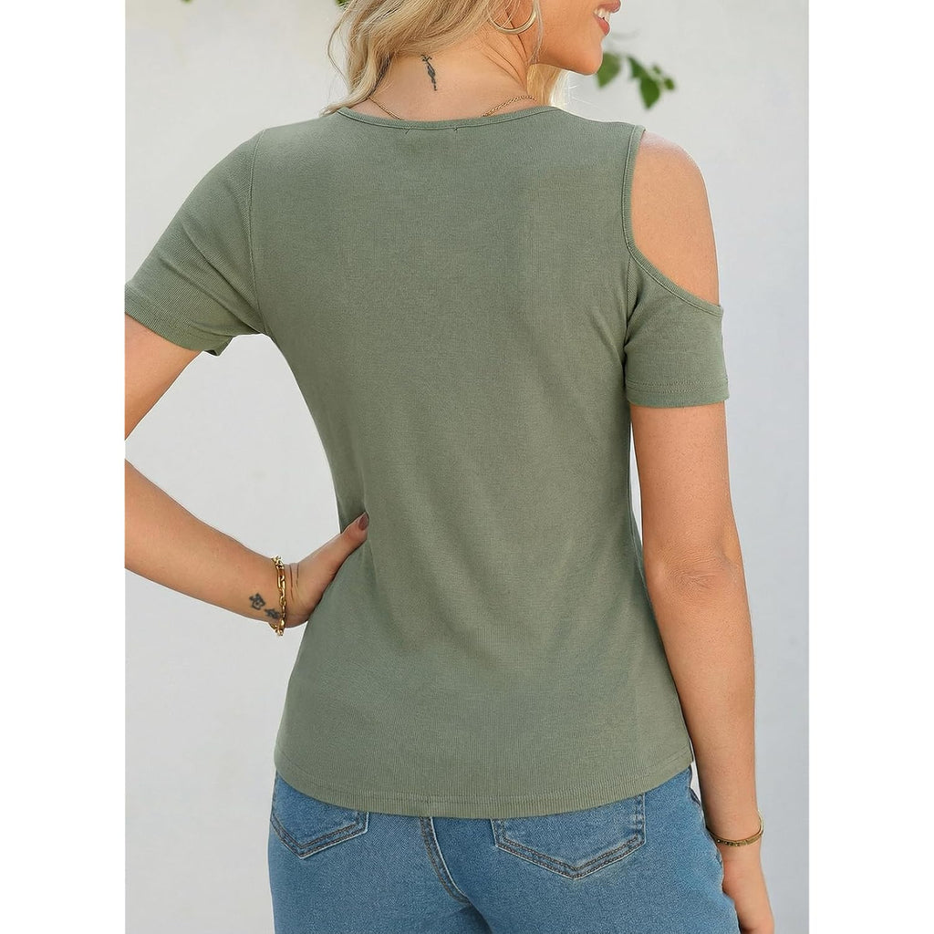 Dokotoo Womens Summer Tops Short Sleeve Cold Shoulder Metal Decorated Fashion T-Shirts Ribbed Knit Slim Fit Tee Blouses