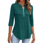Women's Zipper Front V-Neck Tunic Top Green