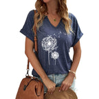 Women's Floral T-Shirts V-Neck Dandelion Sun Flower Graphic Casual Tee Boho Tops Cute Wildflowers Shirts