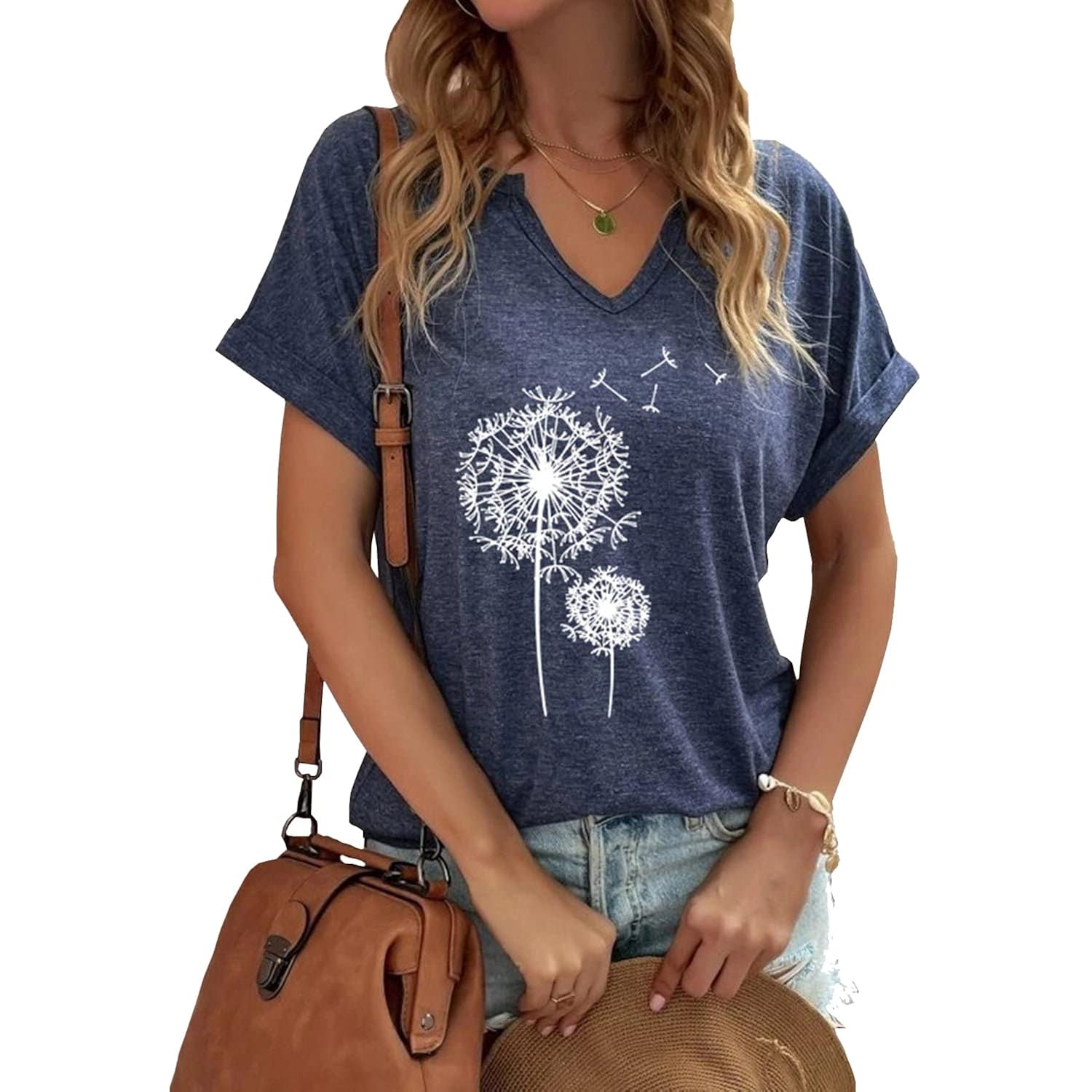Women's Floral T-Shirts V-Neck Dandelion Sun Flower Graphic Casual Tee Boho Tops Cute Wildflowers Shirts