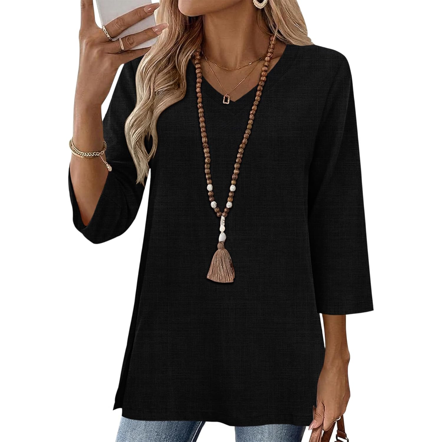 Women's Cotton Linen Tunic Top Black