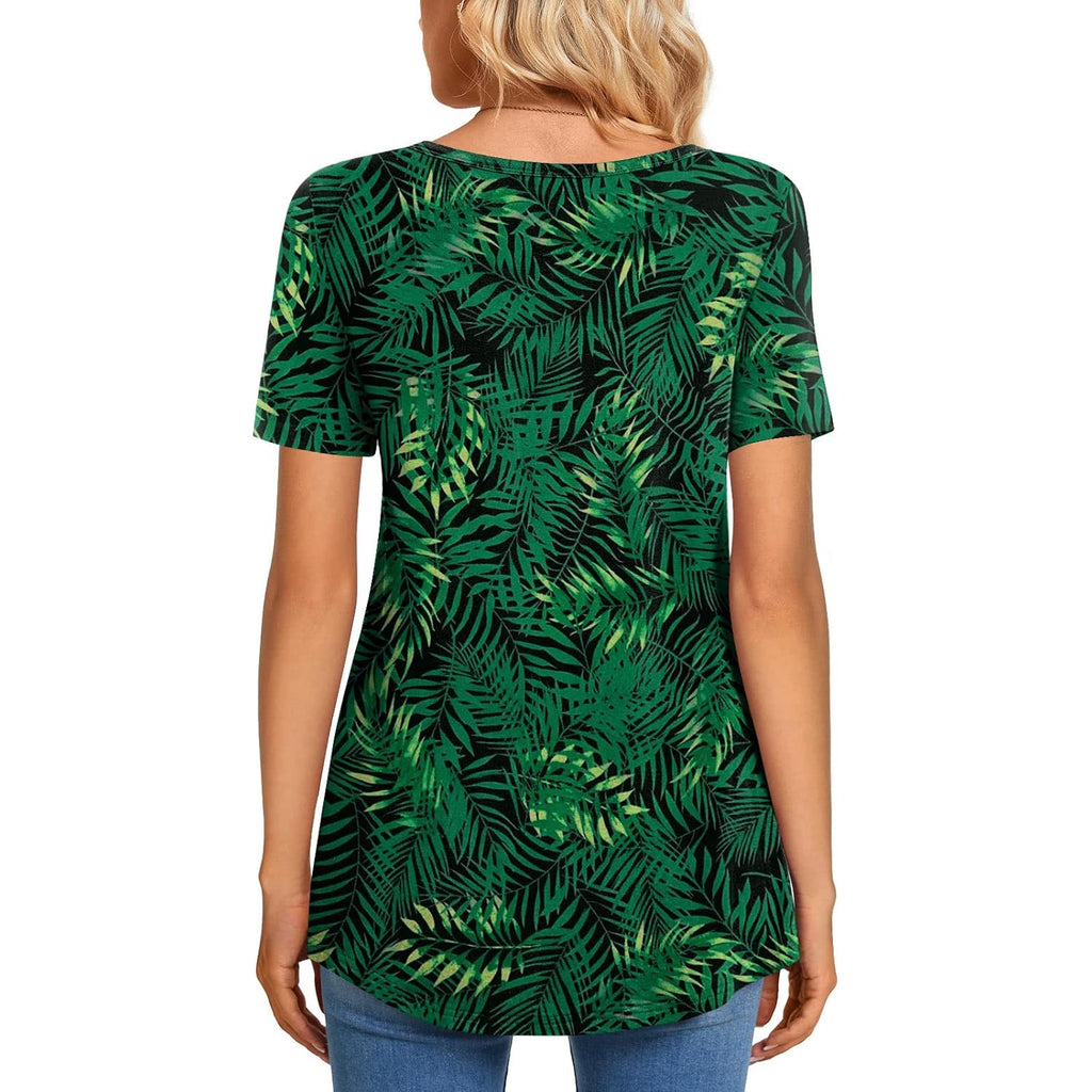Women's Buttoned Henley Tunic Top Green Leaf/Black