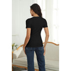 Roselux Women Short Sleeve Deep V Neck Tops Shirts Fitted Cotton Summer Tshirt Tee