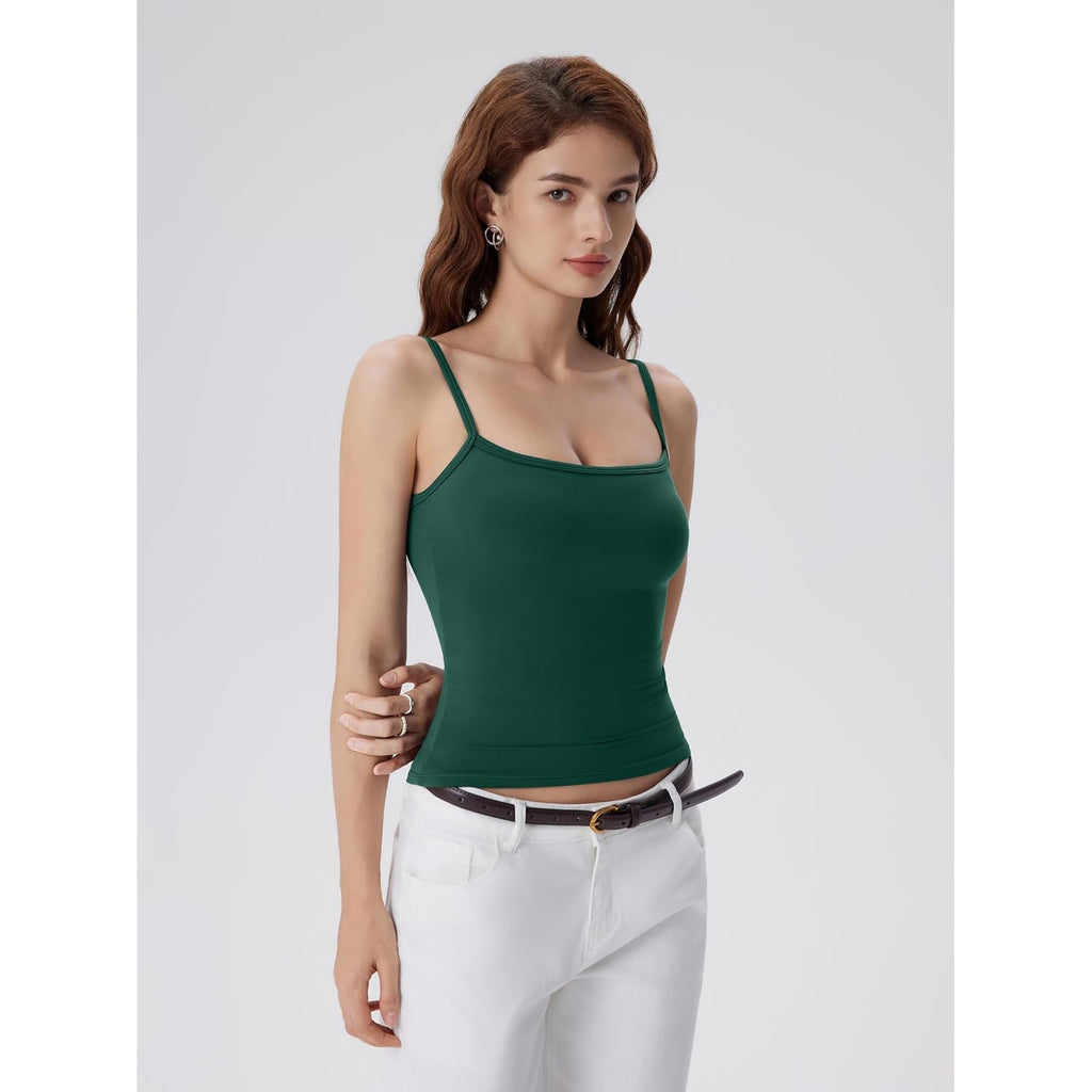 SUUKSESS Women Built in Bra Tank Tops Double Line Going Out Basic Square Neck Camisole Top
