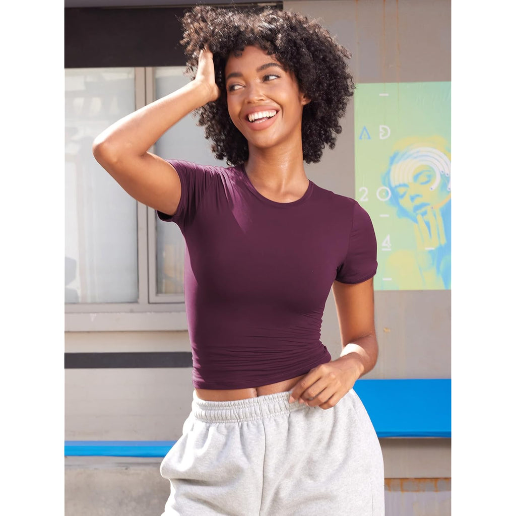 YEOREO Ease Women Fitted Workout Tops Short Sleeve Double Lined Basic Y2K Going Out Crew Neck Compression Crop Top