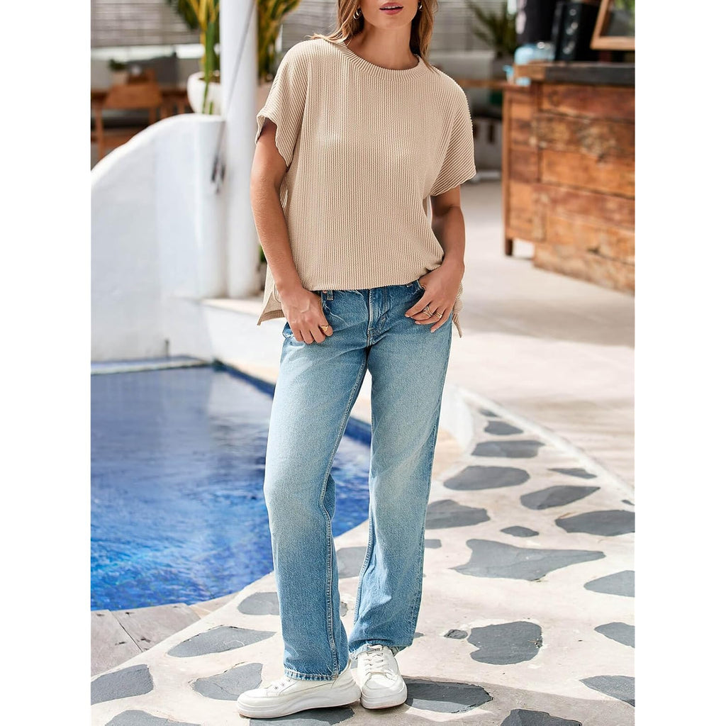 Women's Textured Ribbed Knit Tunic Top Apricot
