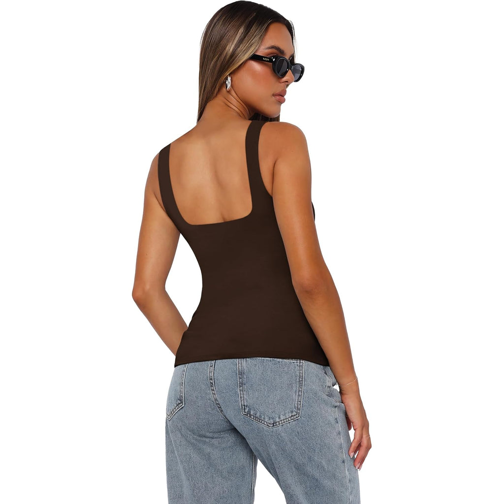 Women's Double Layer Square Neck Tank Top Brown