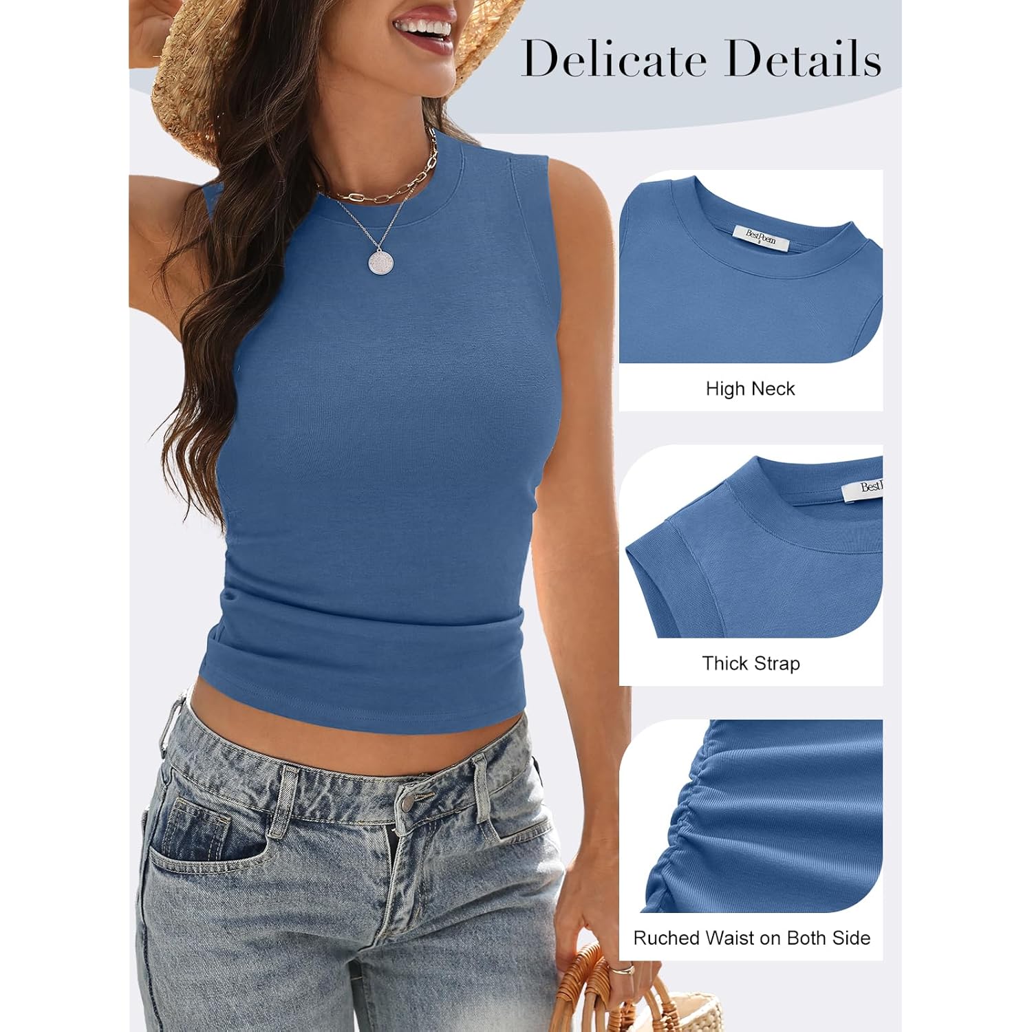 Women's High Neck Ribbed Tank Top Blue