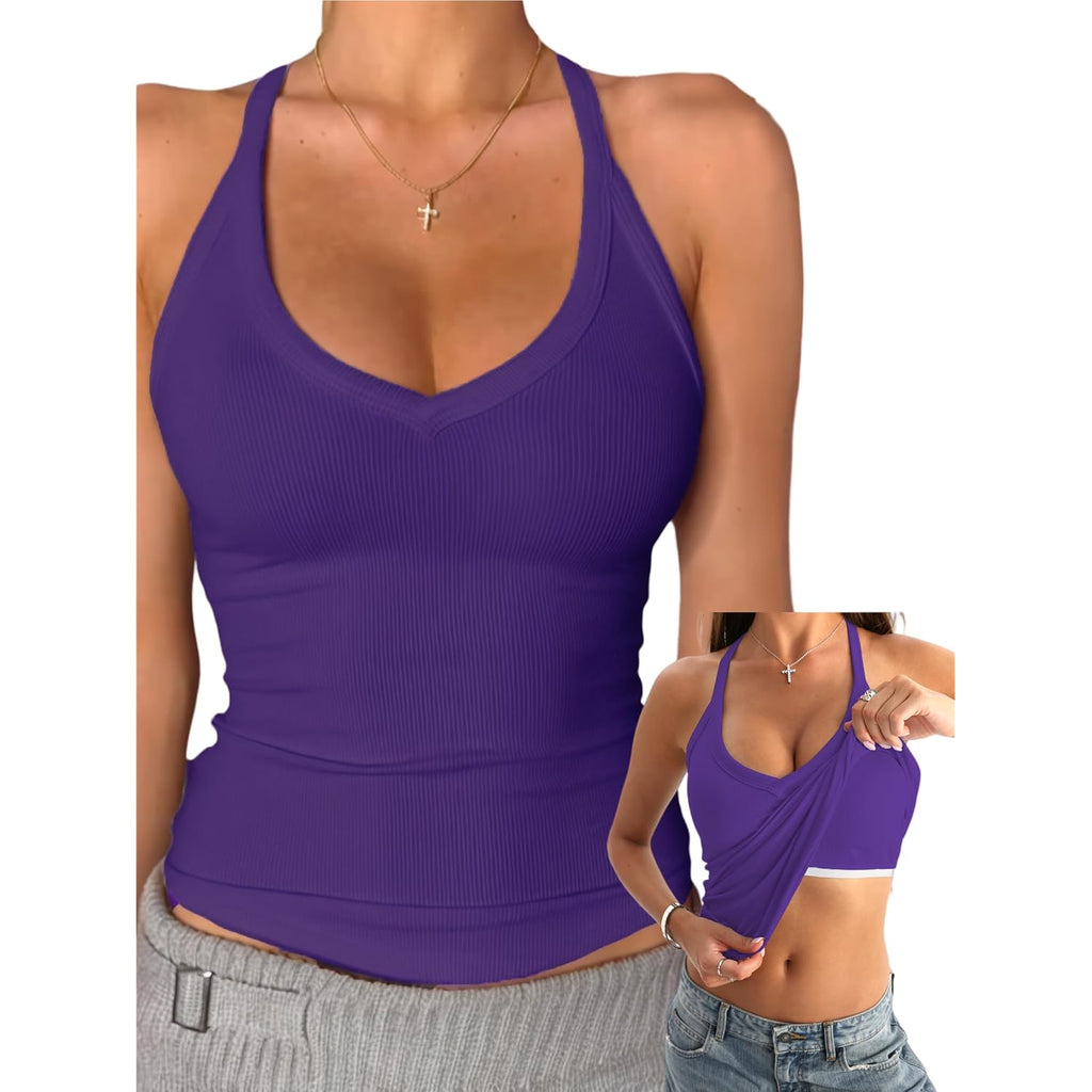 Danysu V Neck Cotton Tank Tops with Built-in Shelf Bra Sleeveless Racerback Fitted Basic Cami Shirts