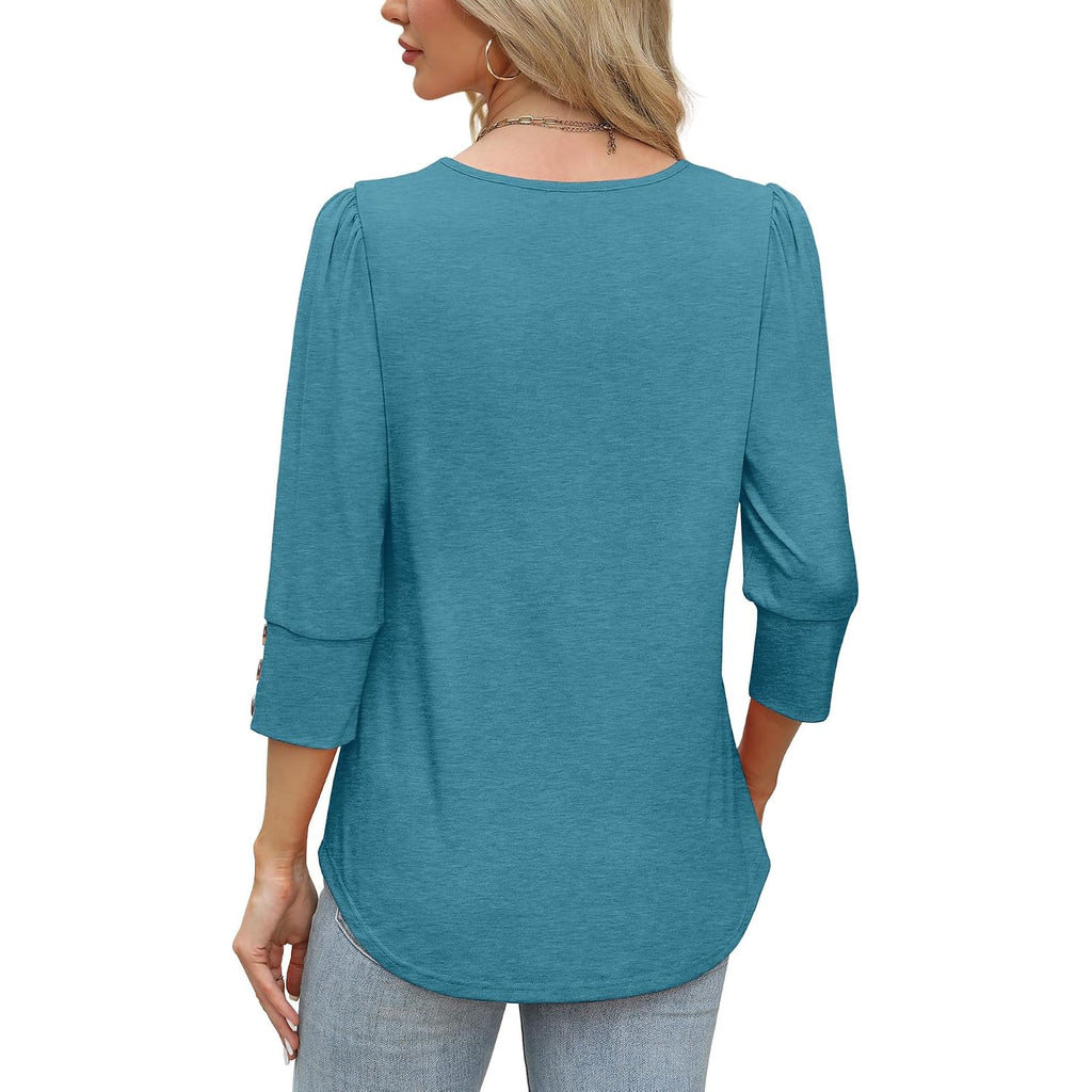 OFEEFAN Womens Tops 3/4 Sleeve with Buttons Dressy Casual Blouses Summer Outfits Beach Vacation Plus Size Spring Clothes
