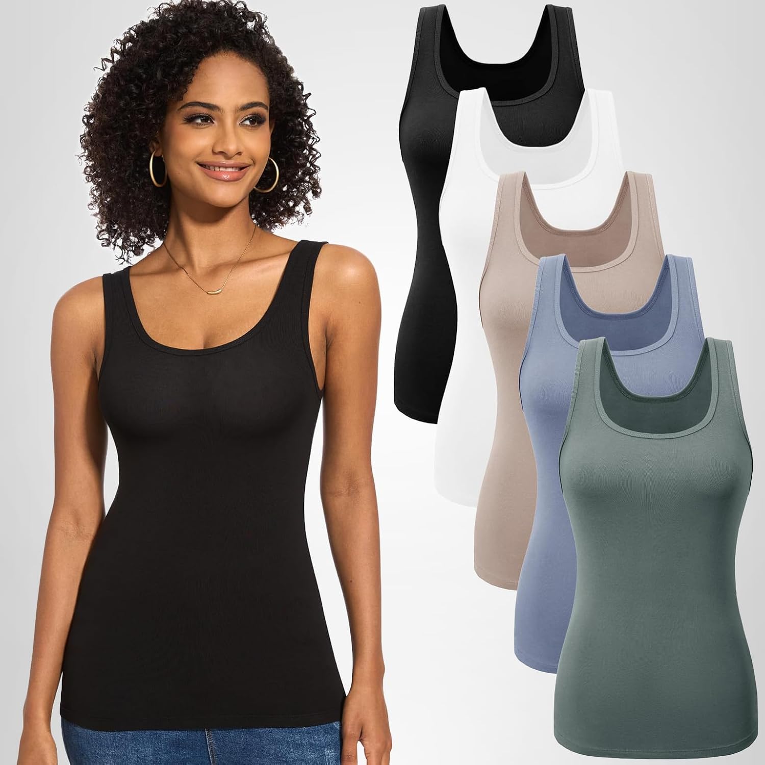 TVKSOM 5 Pack Basic Tank Tops for Women Undershirt Ribbed Sleeveless Scoop Neck Casual Layering Basic Tanks Top