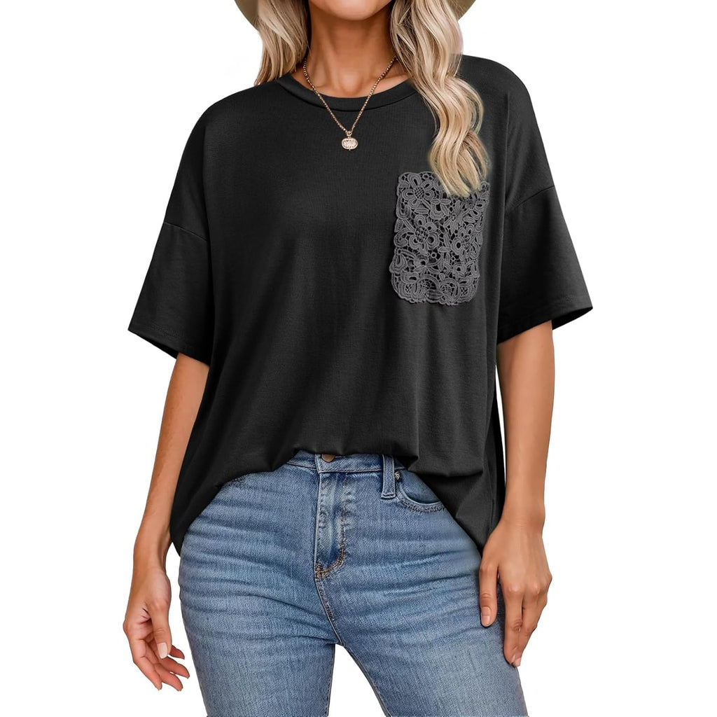 Dokotoo Womens Tops Cute Lace Summer Short Sleeve 2026 Oversized Casual T Shirts Lace Pockets