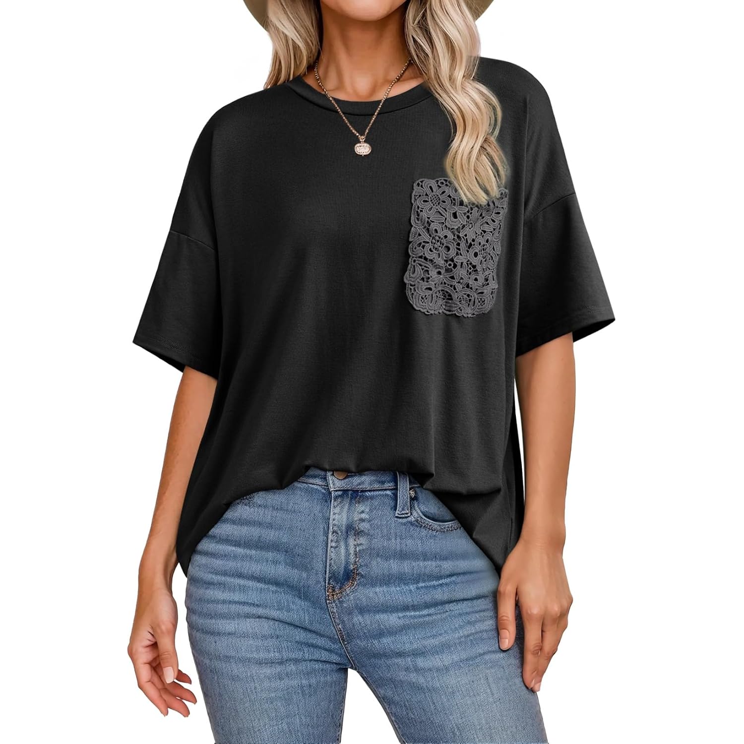 Dokotoo Womens Tops Cute Lace Summer Short Sleeve 2026 Oversized Casual T Shirts Lace Pockets