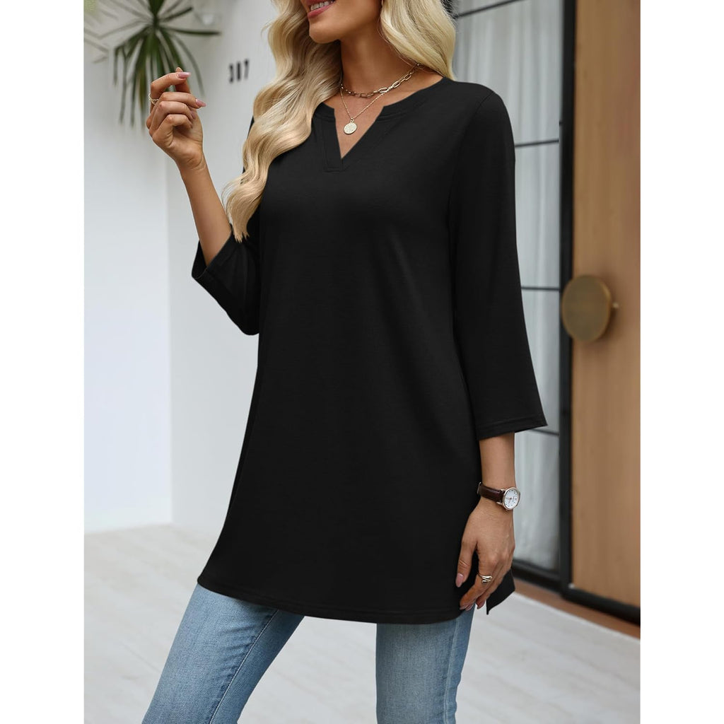 Women's Side Slit V-Neck Tunic Top Black
