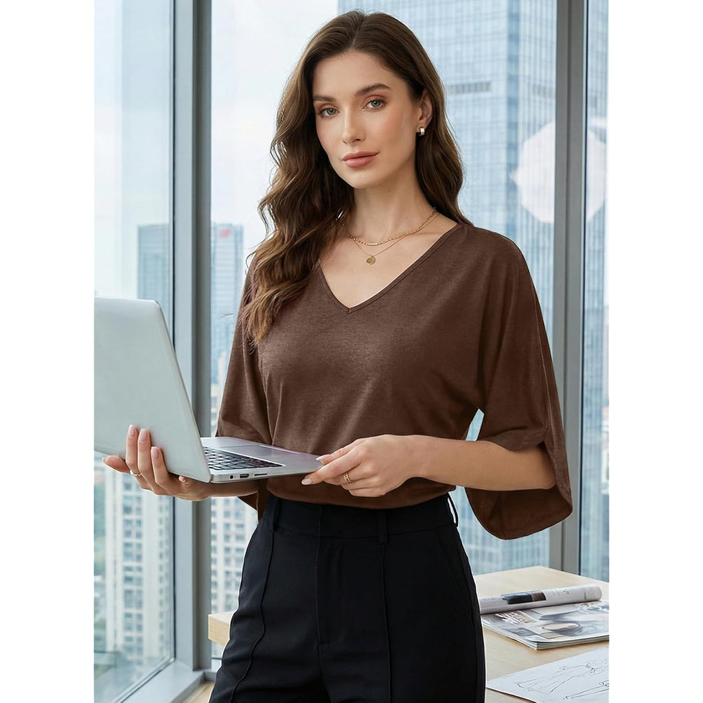 EVALESS Womens Tops Spring Summer Dressy Casual V Neck 3/4 Batwing Sleeve Ruched T-Shirt Business Work Outfits Blouses